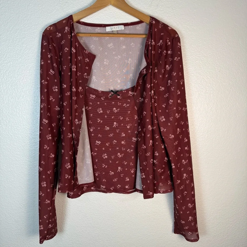 Wayf Maude Camisole & Cardigan Set Maroon Floral Women’s Size XL - Picture 2 of 7